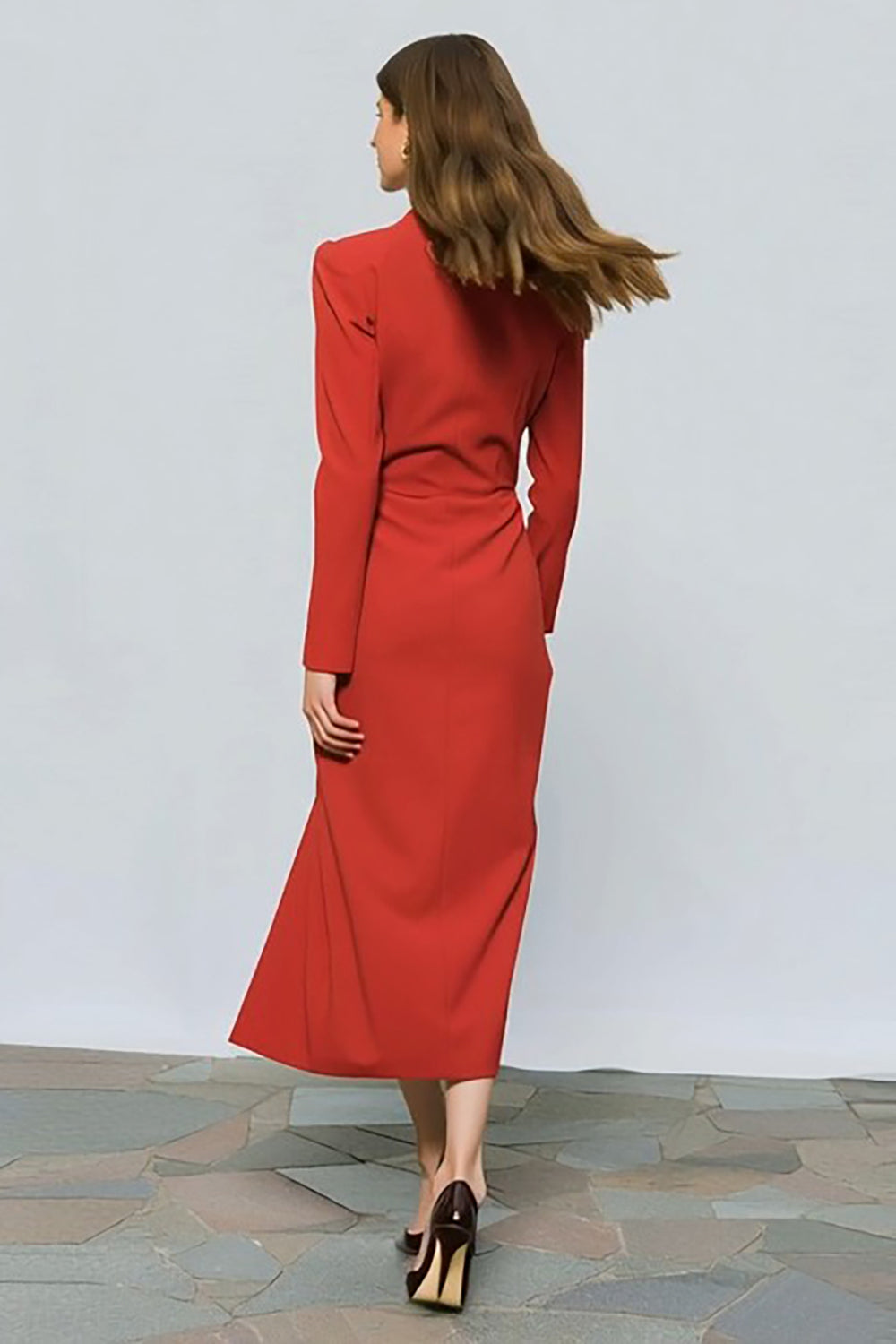 Red One Button Peak Lapel Ruched Midi Blazer Dress with Slit