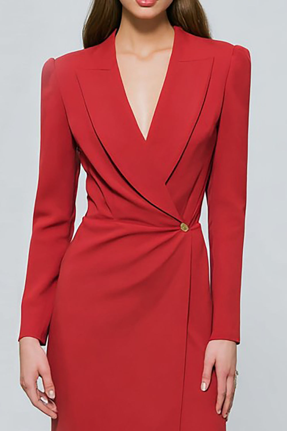 Red One Button Peak Lapel Ruched Midi Blazer Dress with Slit
