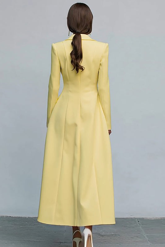 Yellow Double Breasted Peak Lapel Midi Blazer Dress with Sleeves