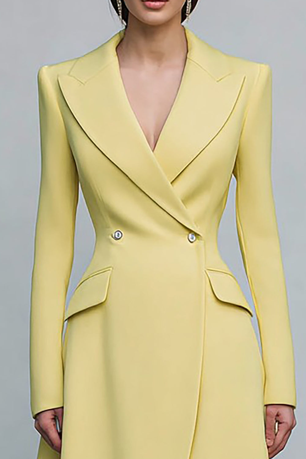 Yellow Double Breasted Peak Lapel Midi Blazer Dress with Sleeves