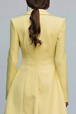 Yellow Double Breasted Peak Lapel Midi Blazer Dress with Sleeves