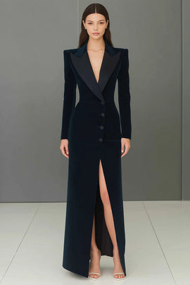Navy Velvet Peak Lapel Single Breasted Long Blazer Dress with Slit