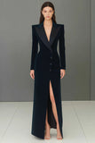 Navy Velvet Peak Lapel Single Breasted Long Blazer Dress with Slit