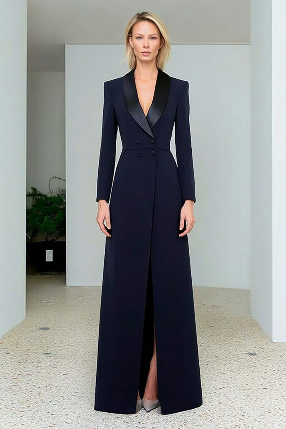 Navy Double Breasted Long Blazer Dress with Slit