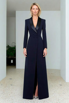 Navy Double Breasted Long Blazer Dress with Slit
