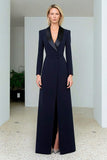 Navy Double Breasted Long Blazer Dress with Slit