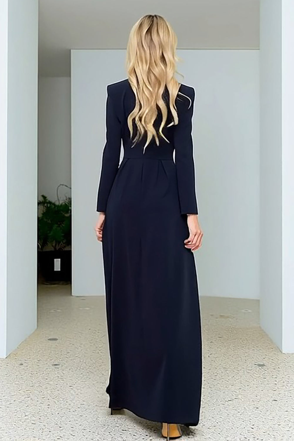 Navy Double Breasted Long Blazer Dress with Slit