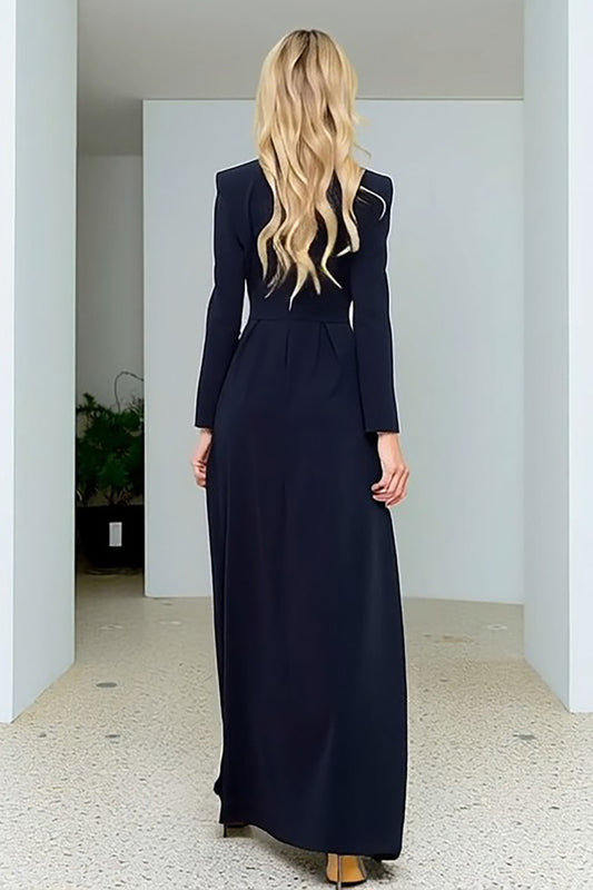 Navy Double Breasted Long Blazer Dress with Slit
