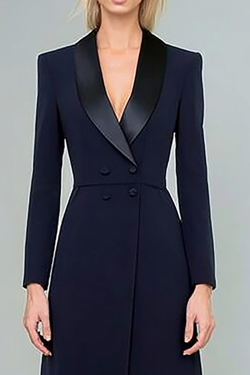 Navy Double Breasted Long Blazer Dress with Slit
