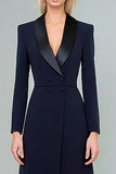 Navy Double Breasted Long Blazer Dress with Slit