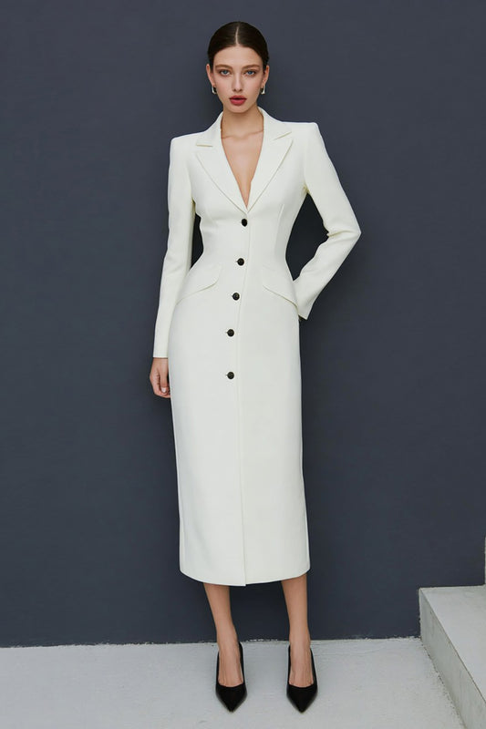 Ivory Single Breasted Notched Lapel Midi Blazer Dress