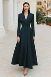 Navy Single Breasted A-Line Long Blazer Dress with Sleeves