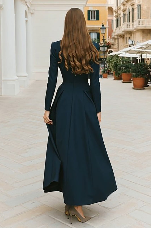 Navy Single Breasted A-Line Long Blazer Dress with Sleeves