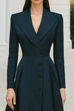 Navy Single Breasted A-Line Long Blazer Dress with Sleeves