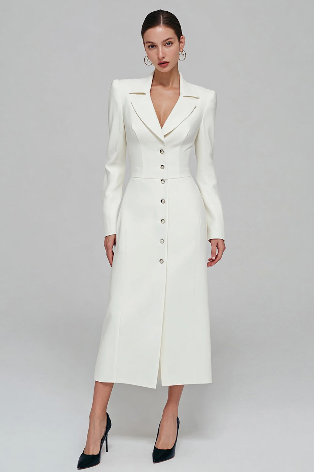 Ivory Single Breasted Sheath Long Blazer Dress with Slit