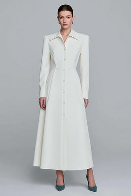 Ivory Single Breasted A-Line Long Blazer Dress with Sleeves