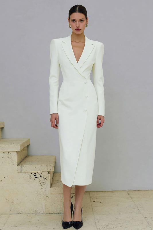 Ivory Pencil Single Breasted Midi Blazer Dress with Sleeves