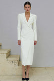 Ivory Pencil Single Breasted Midi Blazer Dress with Sleeves