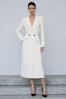 Ivory Double Breasted Peak Lapel Midi Blazer Dress with Sleeves