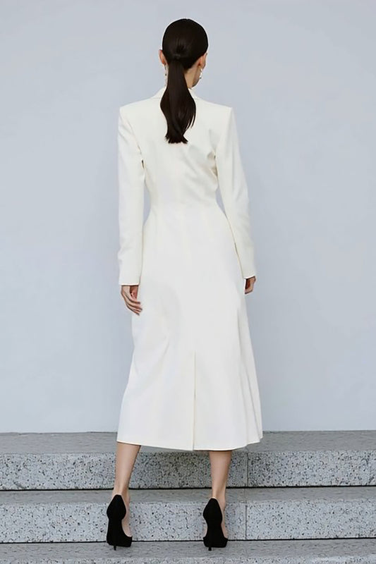Ivory Double Breasted Peak Lapel Midi Blazer Dress with Sleeves