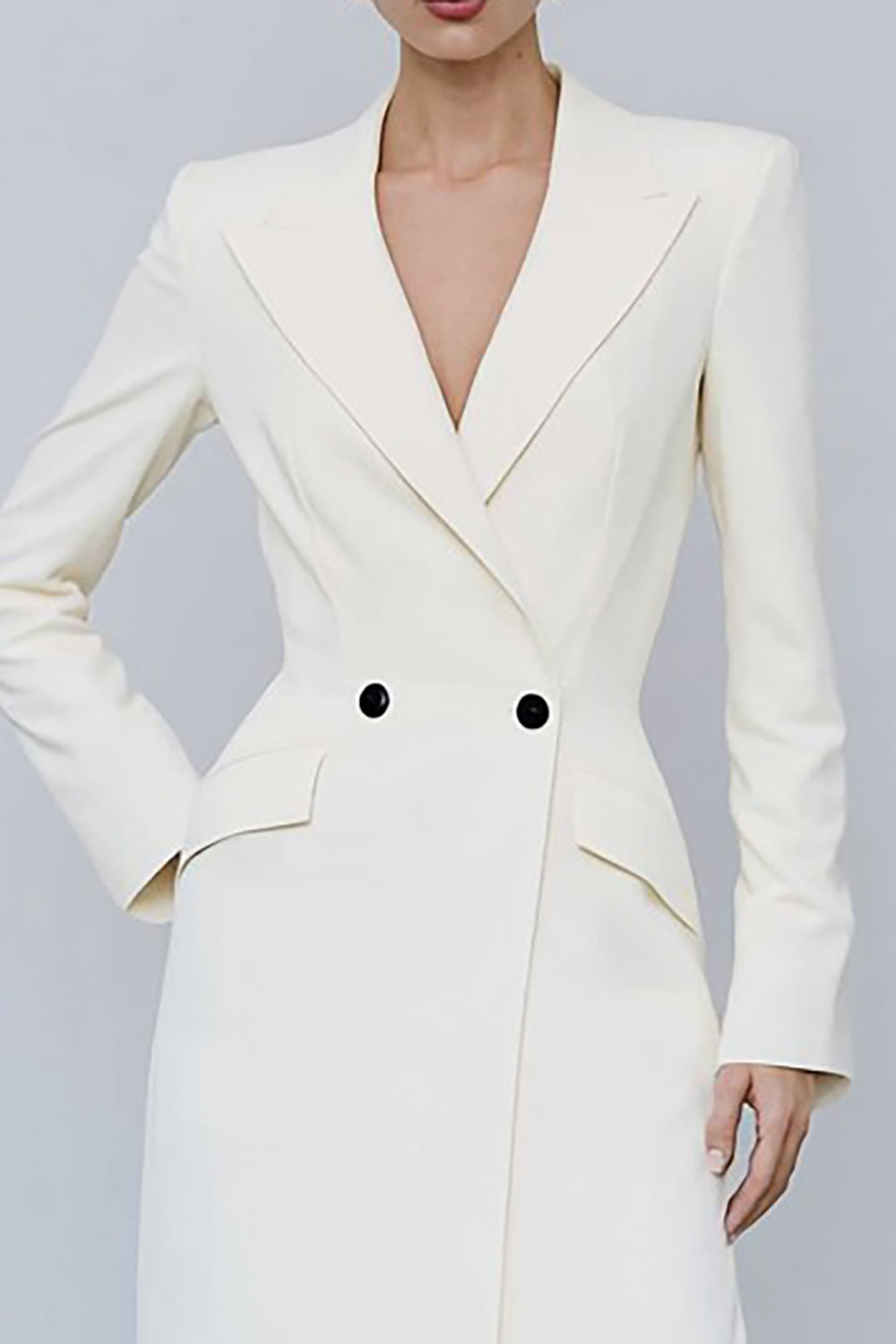 Ivory Double Breasted Peak Lapel Midi Blazer Dress with Sleeves