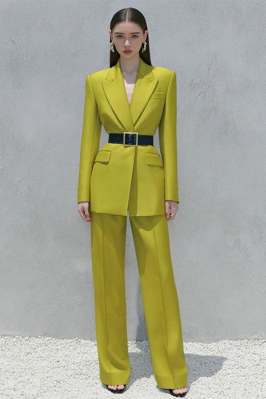 Lemon Yellow 2 Piece Peak Lapel Business Suits with Belt