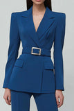 Dark Blue 2 Piece Notched Lapel Business Suits with Belt