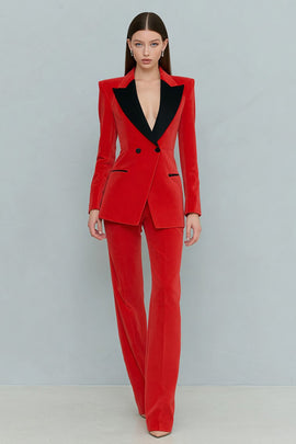 Red 2 Piece Velvet Peak Lapel Double Breasted Prom Suits with Sleeves