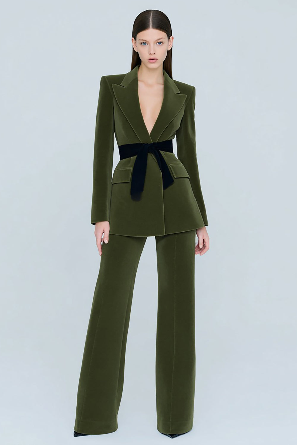 Olive 2 Piece Velvet Peak Lapel Prom Suits with Belt