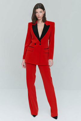 Red 2 Piece Peak Velvet Lapel Double Breasted Prom Suits