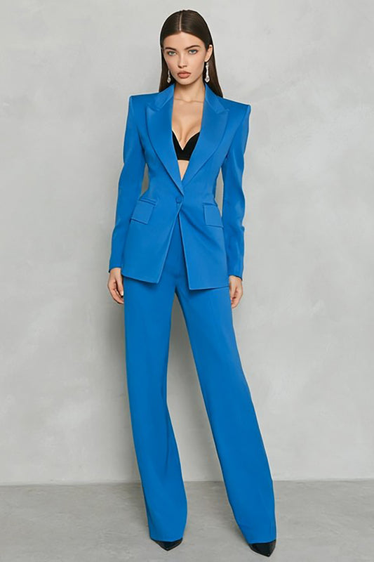 Blue 2 Piece Peak Lapel One Button Business Suits