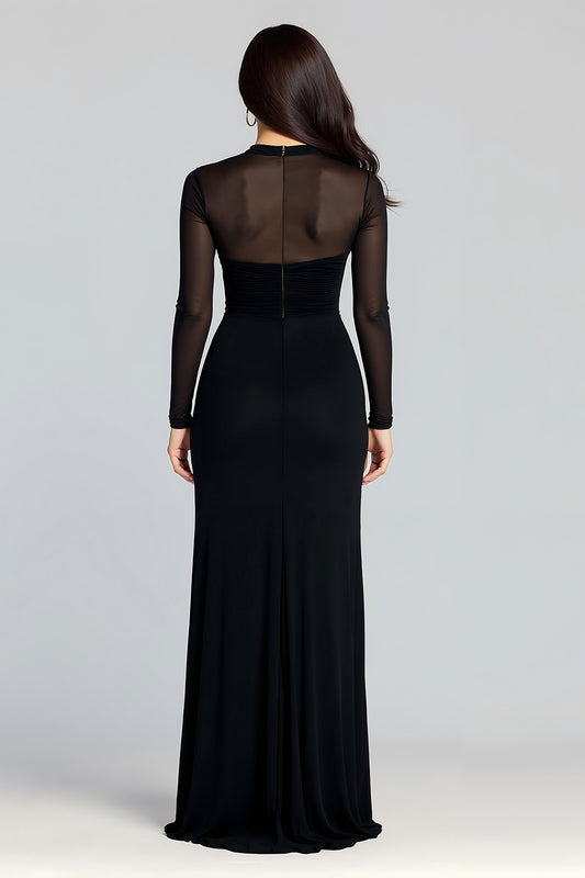 Sheath Illusion High Neck Long Sleeves Black Tie Dress with Slit