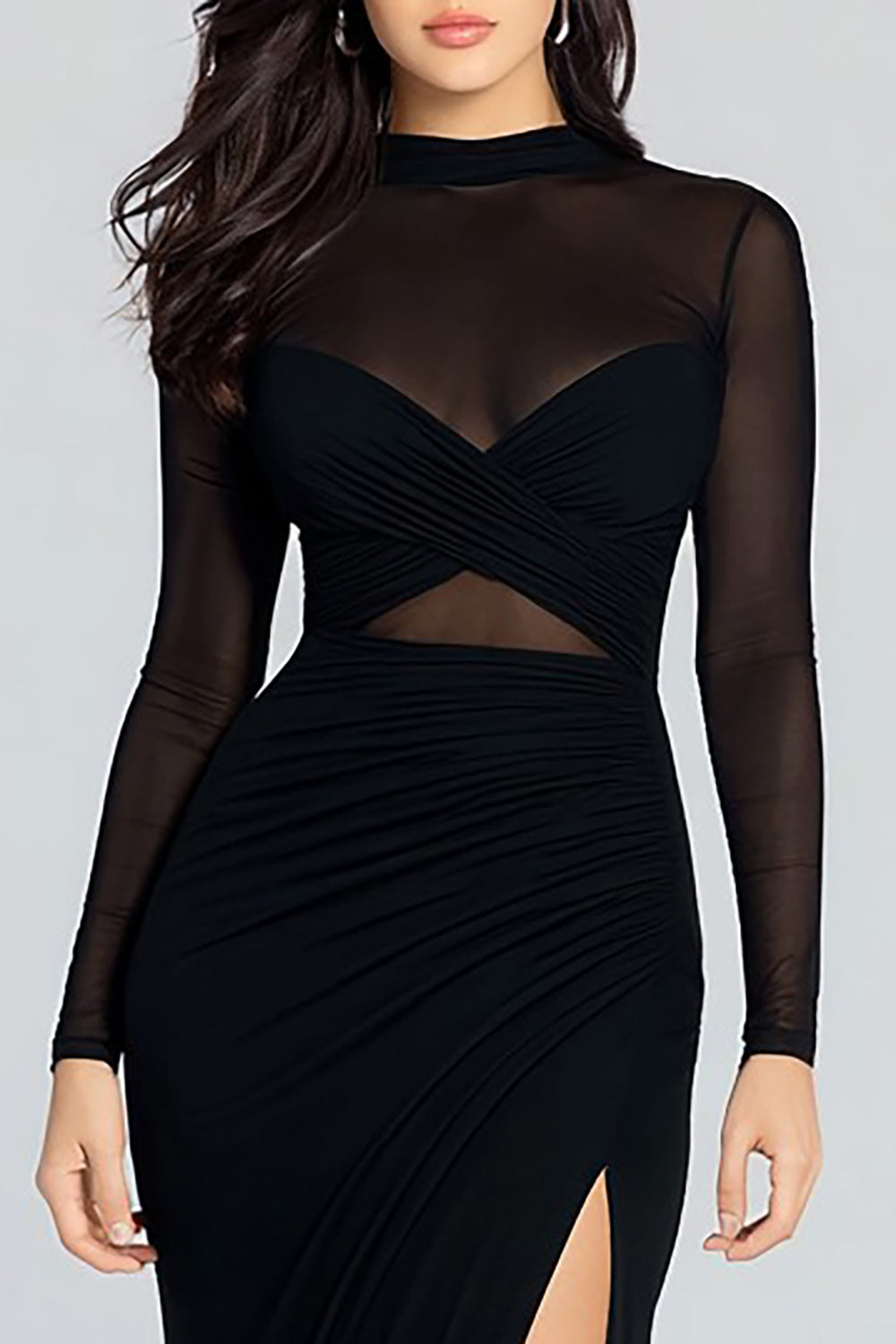 Sheath Illusion High Neck Long Sleeves Black Tie Dress with Slit