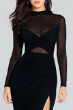 Sheath Illusion High Neck Long Sleeves Black Tie Dress with Slit