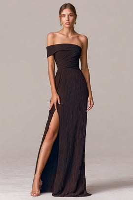 Coffee Sheath Asymmetrical Neck Long Formal Dress with Slit