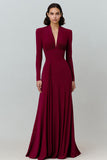 Burgundy V-Neck Pleated Long Sleeves Formal Dress