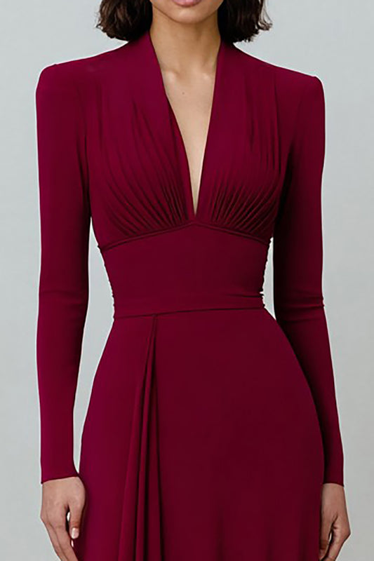 Burgundy V-Neck Pleated Long Sleeves Formal Dress