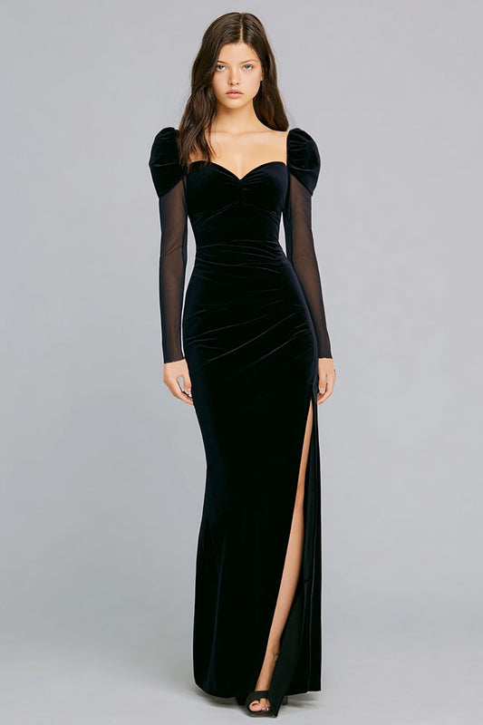 Black Velvet Mermaid Long Sleeves Holiday Party Dress with Slit