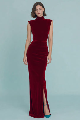 Burgundy Velvet Ruched High Neck Long Holiday Party Dress with Slit