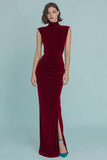 Burgundy Velvet Ruched High Neck Long Holiday Party Dress with Slit