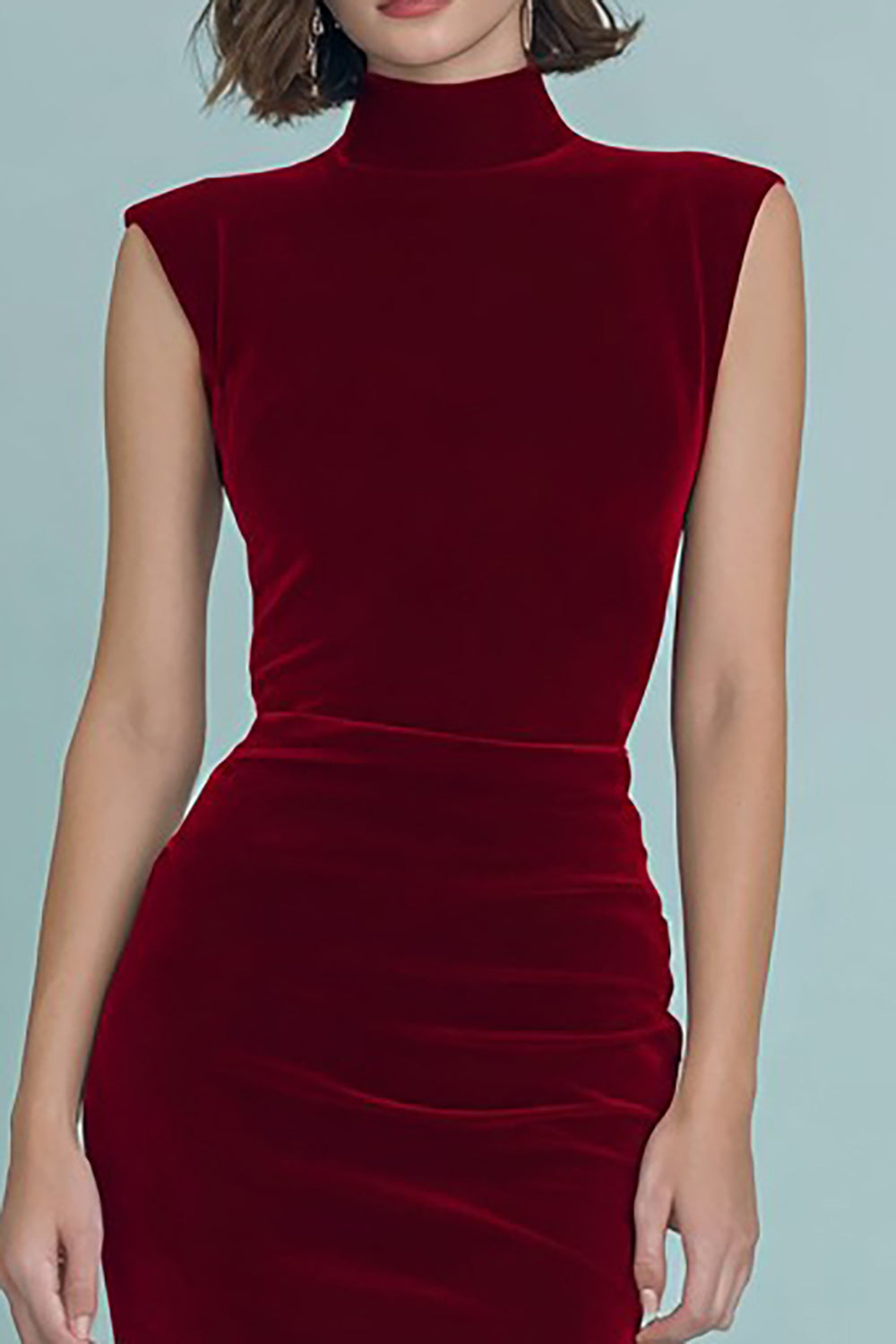 Burgundy Velvet Ruched High Neck Long Holiday Party Dress with Slit