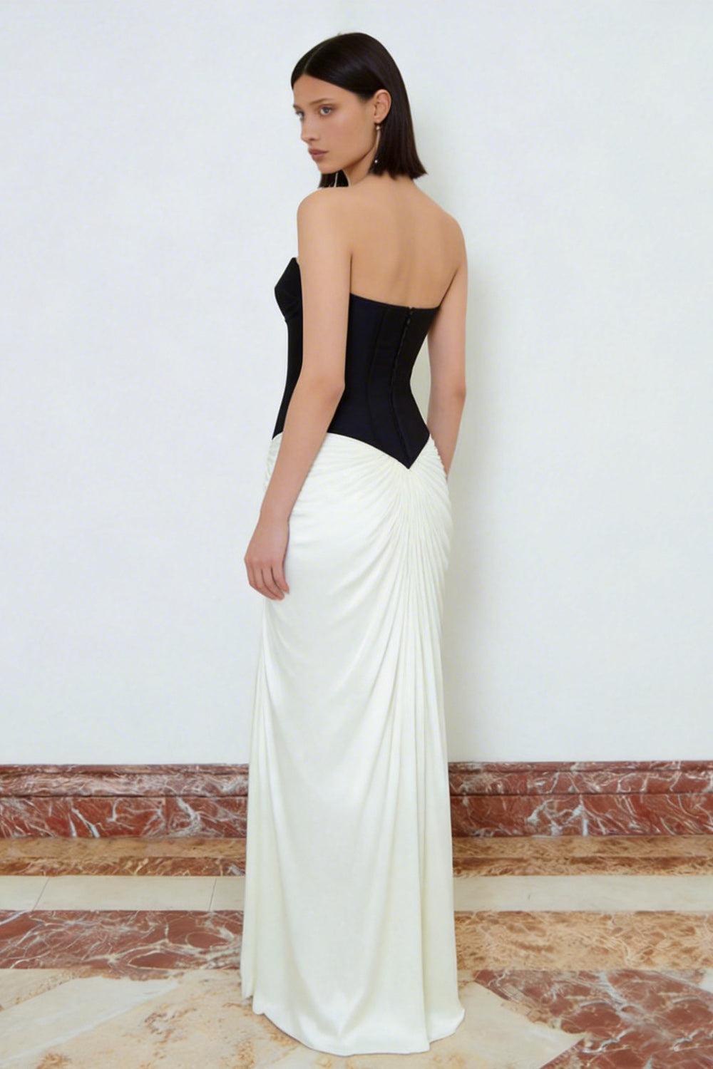 Black and White Sweetheart Ruched Long Corset Formal Dress