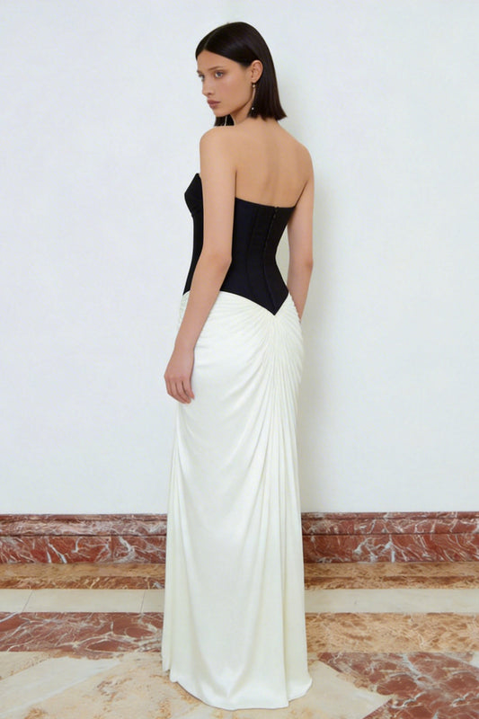 Black and White Sweetheart Ruched Long Corset Formal Dress