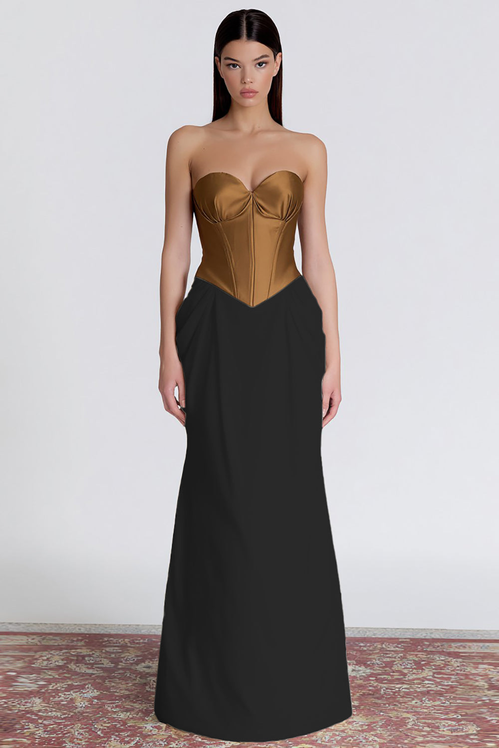 Brown and Ivory Patchwork Sweetheart Long Corset Formal Dress