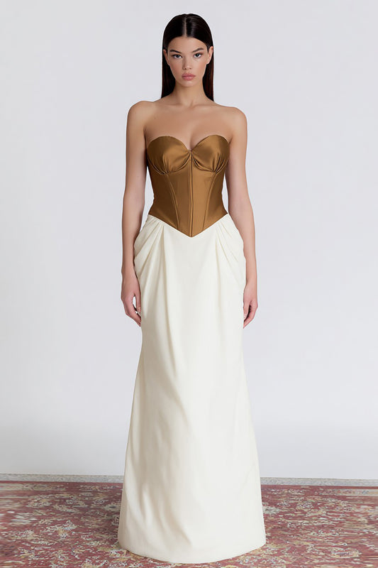 Brown and Ivory Patchwork Sweetheart Long Corset Formal Dress