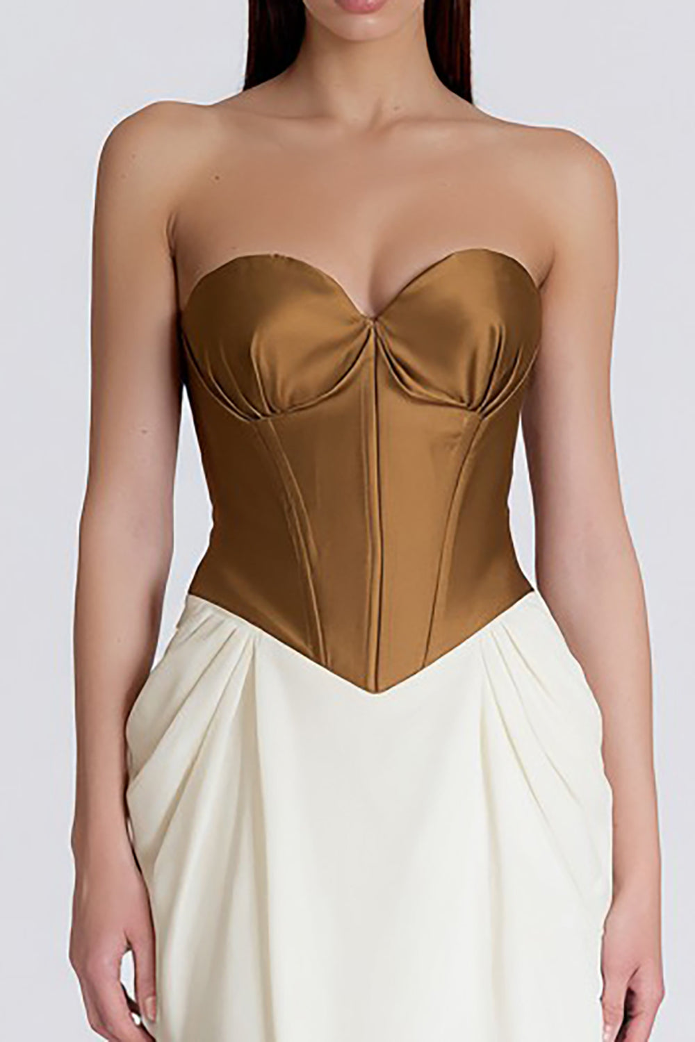 Brown and Ivory Patchwork Sweetheart Long Corset Formal Dress