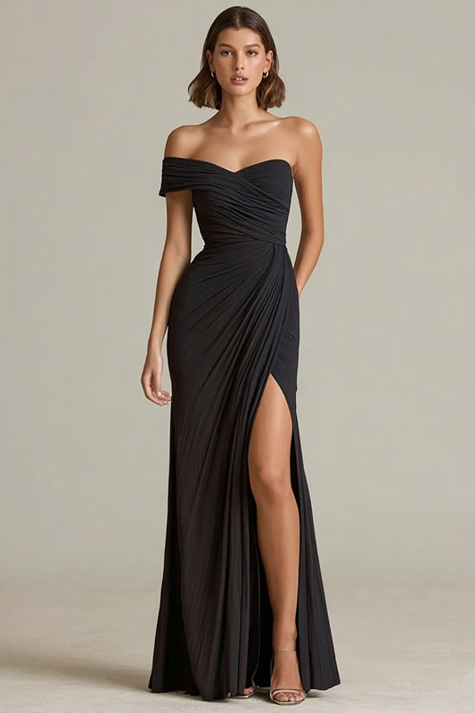 Black Sheath Asymmetrical Neck Ruched Long Formal Dress with Slit