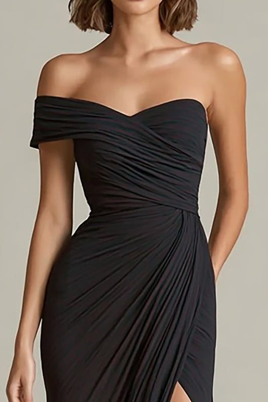 Black Sheath Asymmetrical Neck Ruched Long Formal Dress with Slit
