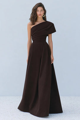 Coffee One Shoulder A-Line Long Formal Dress