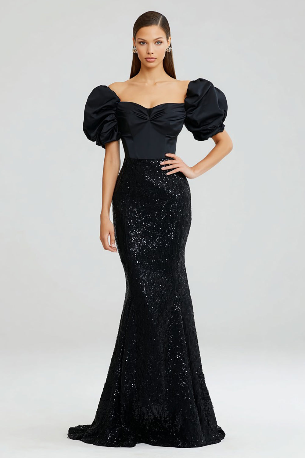 Sparkly Black Mermaid Puff Sleeves Long Formal Dress with Sequins